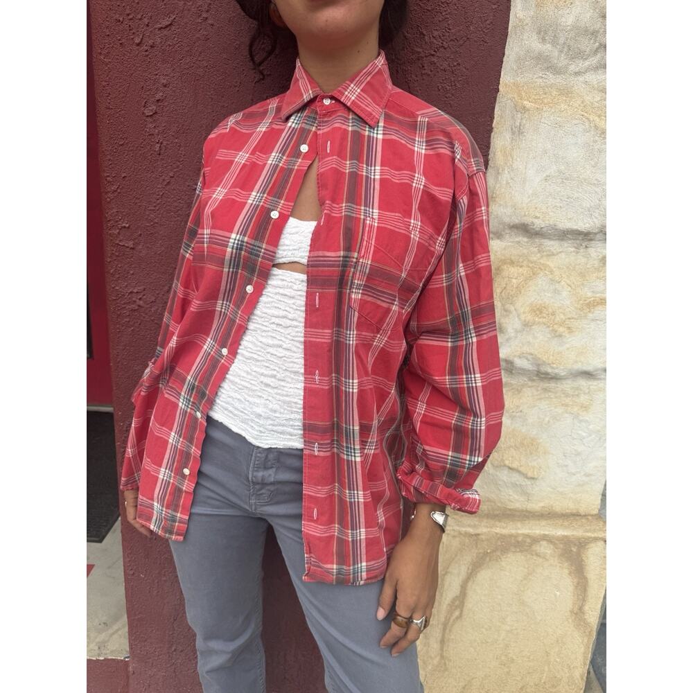 New England Italy Red Plaid Button Up Shirt Medium Made In Italy